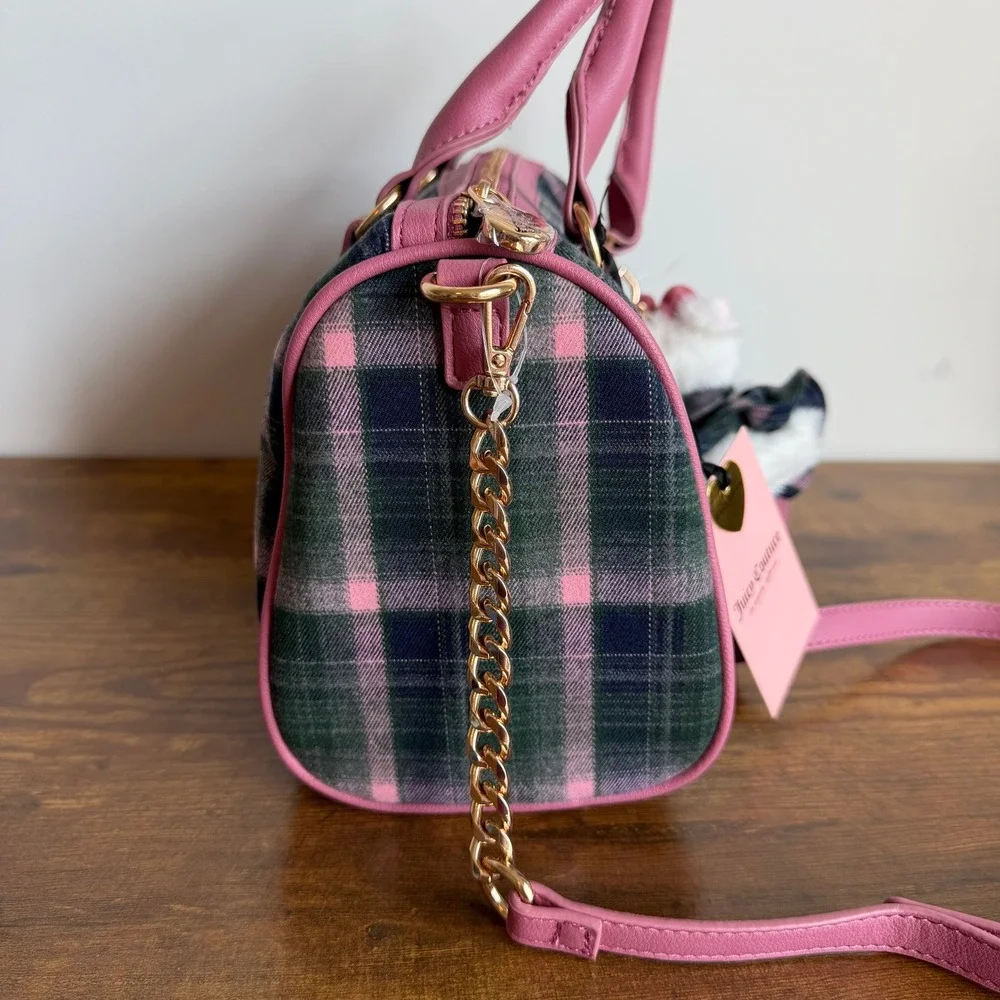 New Juicy Couture Varsity Plaid Satchel Pink Green Crossbody Handbag Scottie